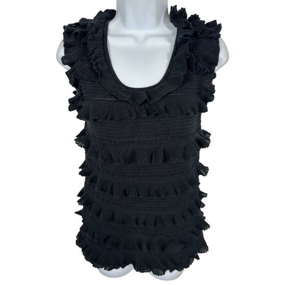 Vintage Y2K Womens Top Black Sleeveless Medium Heather B Ruffled Knit Cotton - Picture 1 of 11